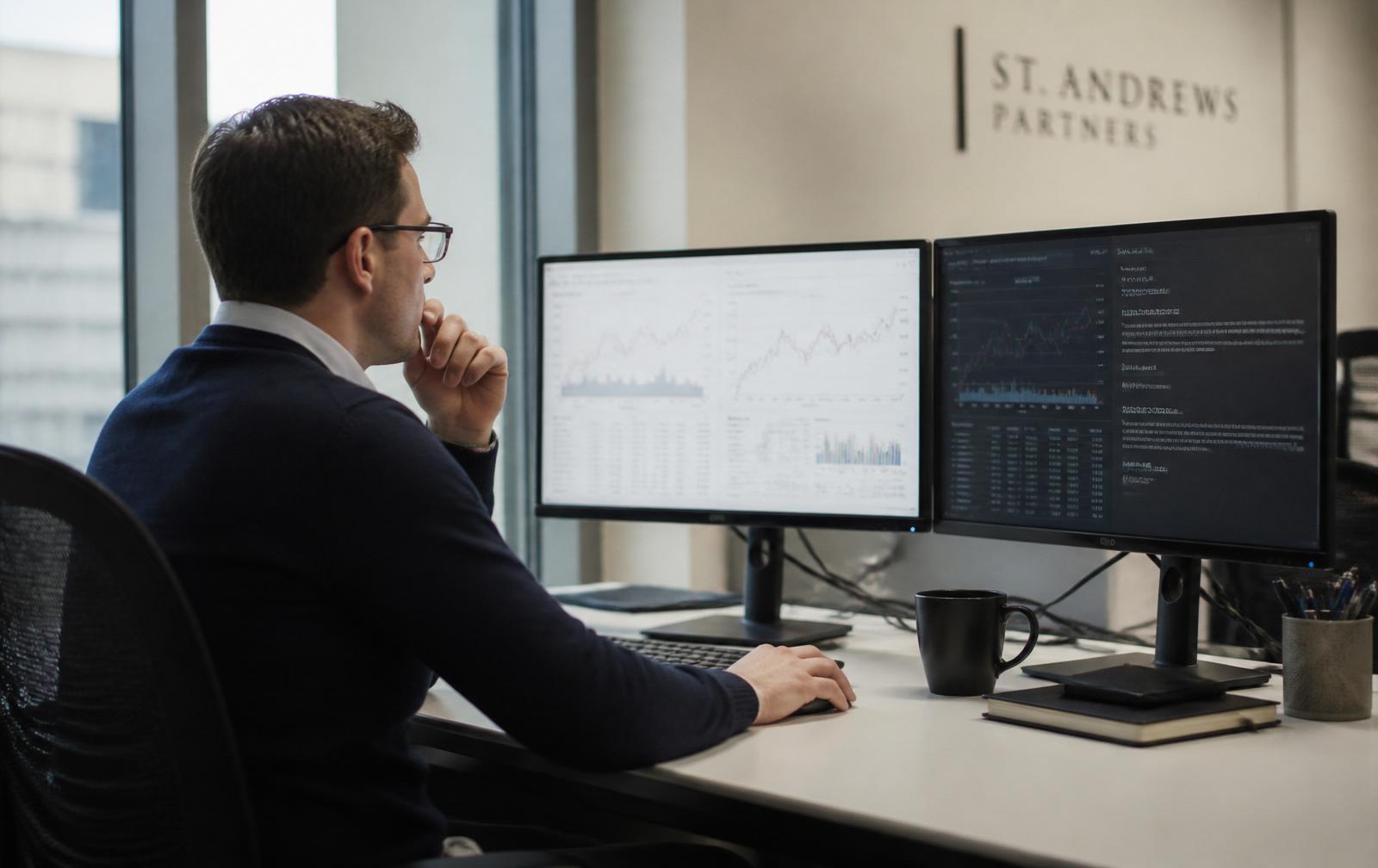 Financial analysts reviewing performance data in a daylit office