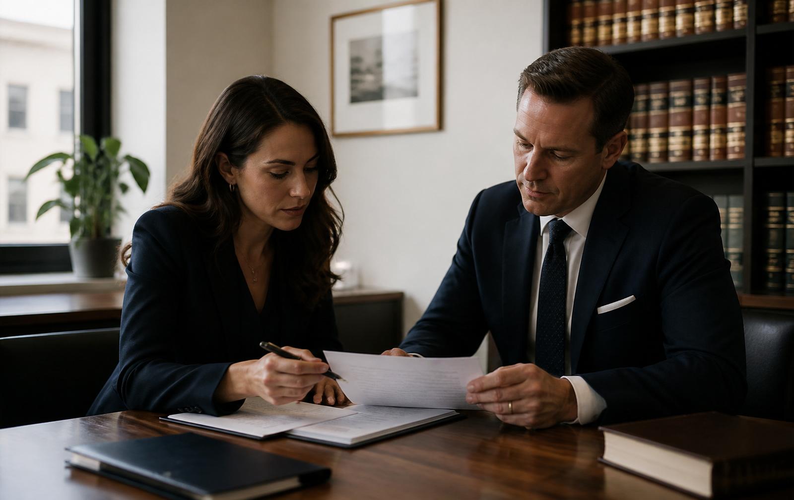 Lawyers reviewing a contract together in a firm meeting room