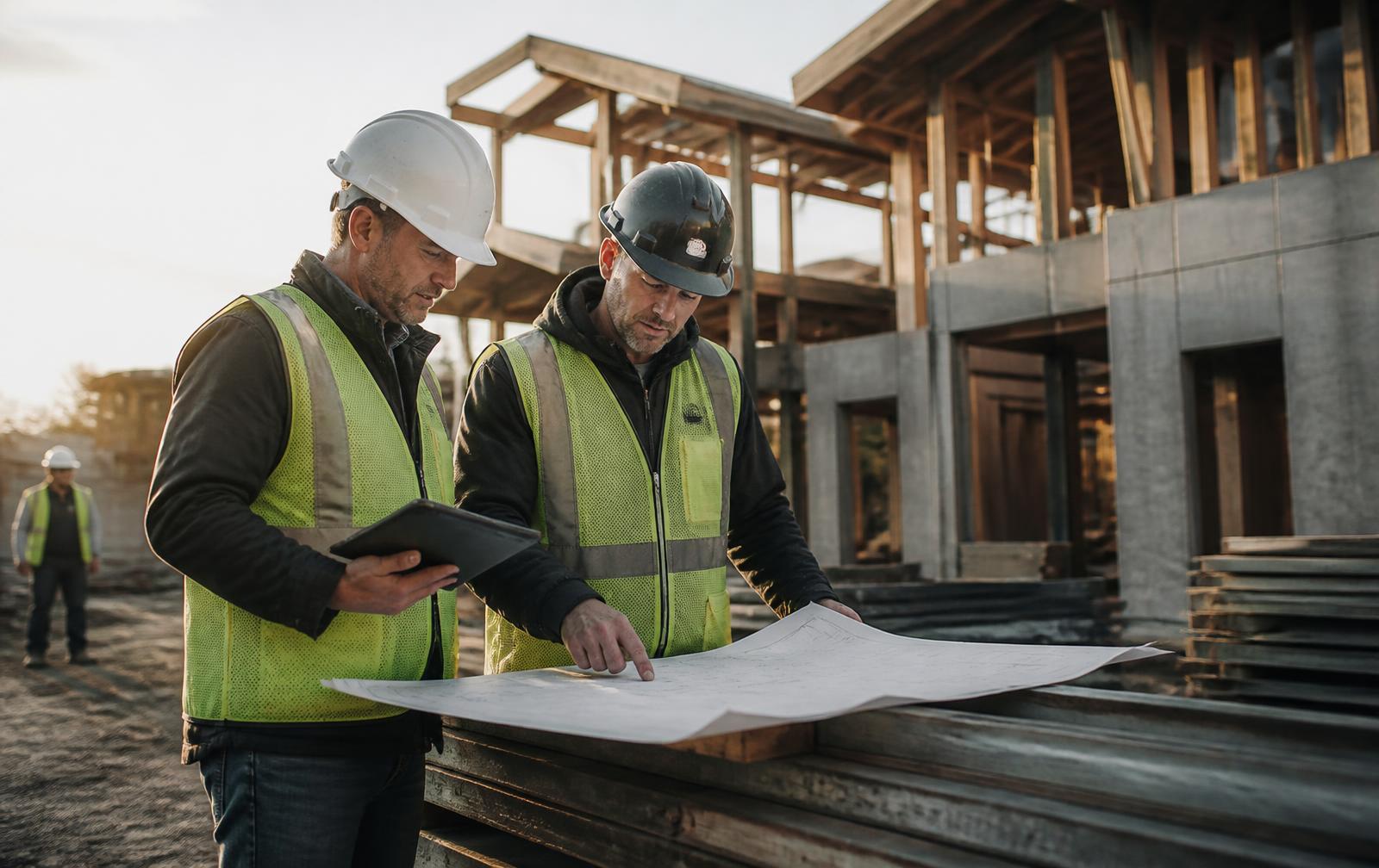 Site manager and foreman reviewing drawings on a build site
