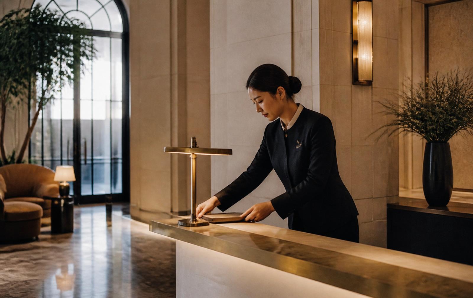 Hotel team member preparing a reception area at first light
