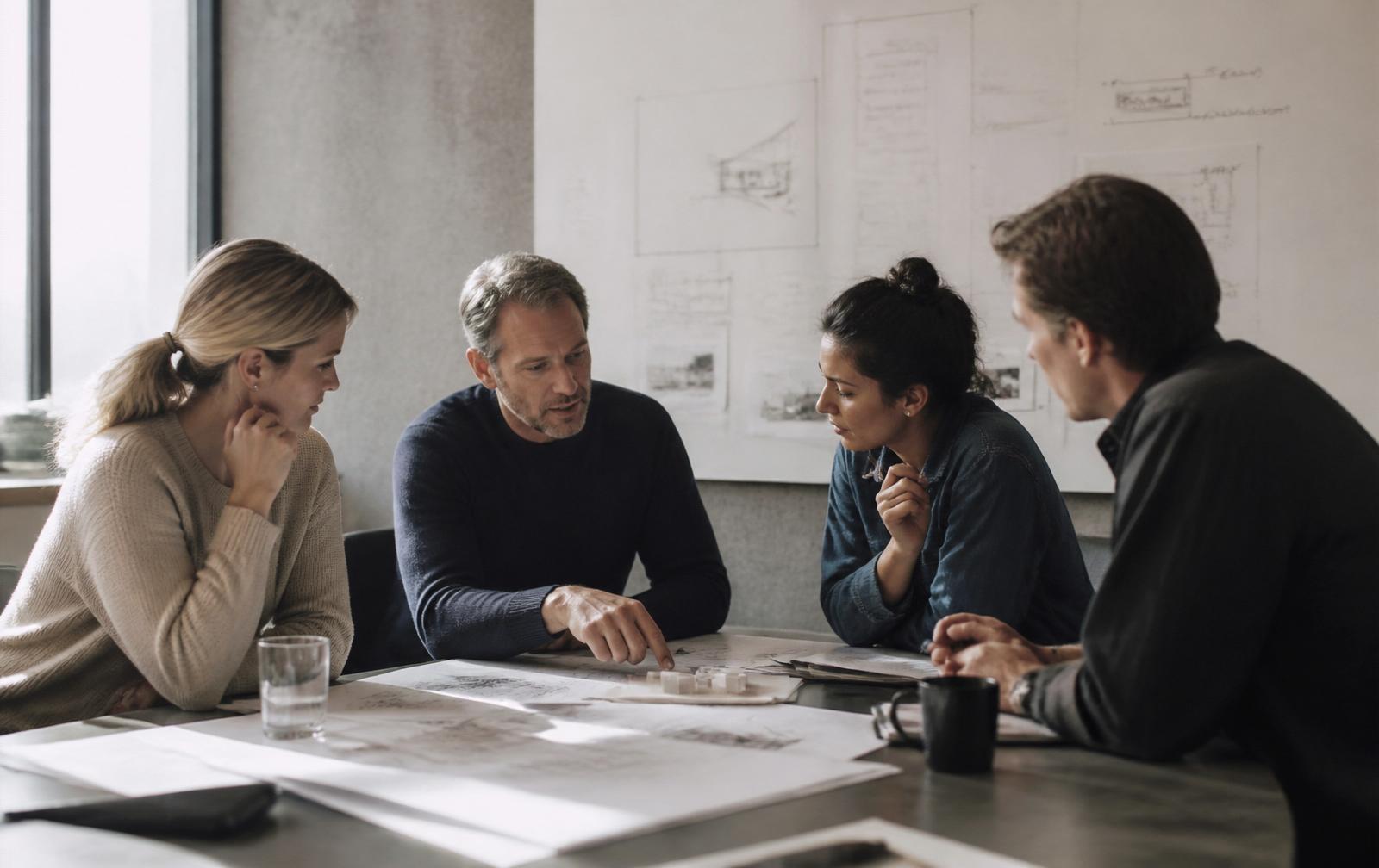 Consulting team working through plans around a table