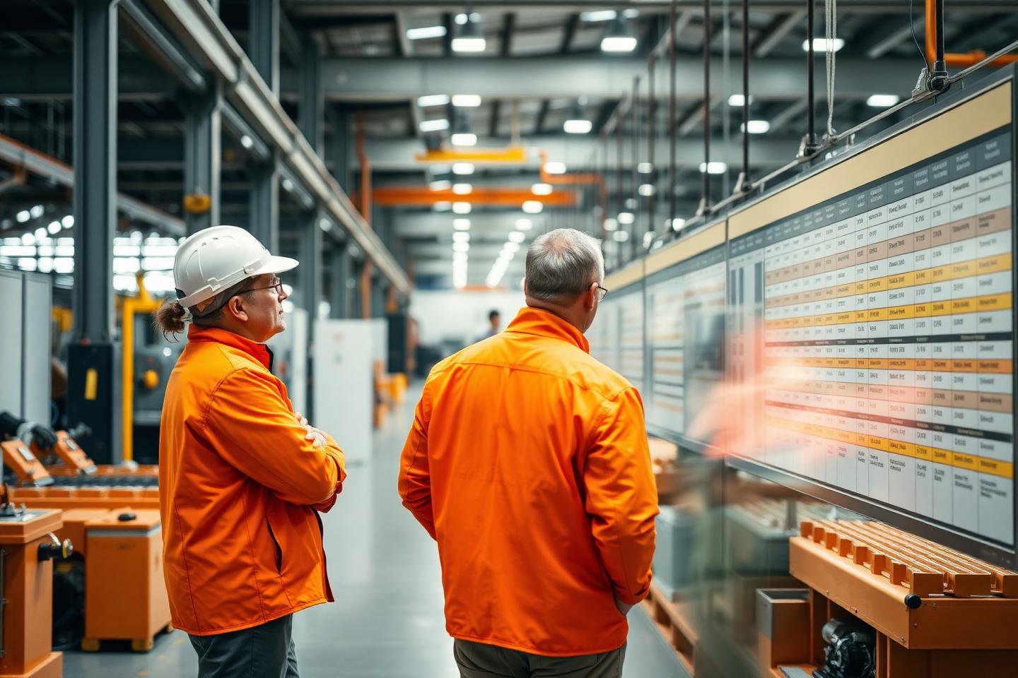Production engineers reviewing a schedule board on a factory floor